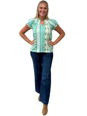 LIZA BYRD Michelle Smock Neck Short Sleeve Top in Turquoise/Cream Jacquard, NWT